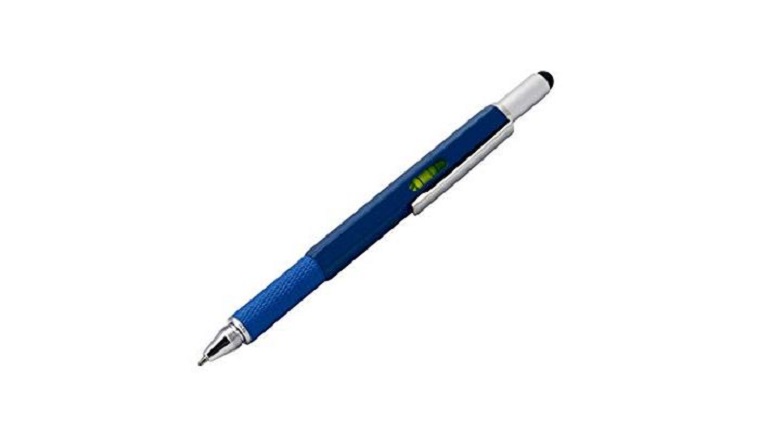 Pix - Metal ballpoint pen 6 in 1, blue, including spirit level, ruler in cm and inch, touch pad function | Romanowski Design