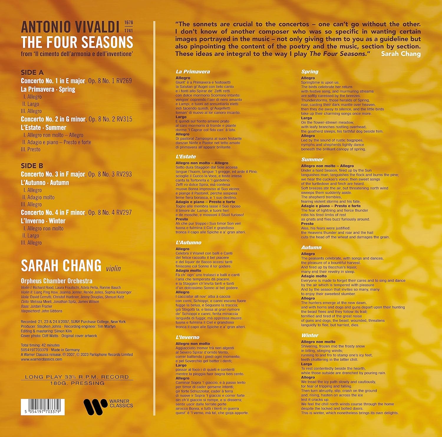 Vivaldi: The Four Seasons - Vinyl | Sarah Chang, Orpheus Chamber Orchestra