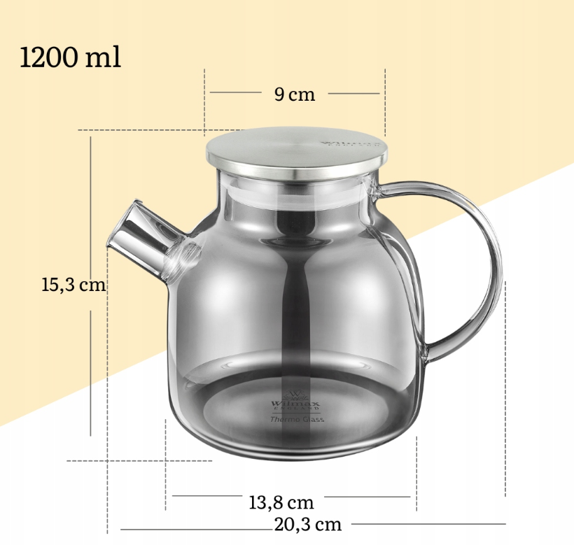 Ceainic din sticla termorezistenta si infuzor inox, Gri, 1200ml | Wilmax - 1 | YEO