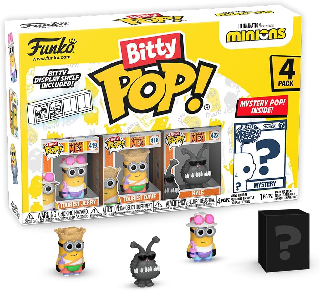 Set 4 figurine - Pop! Minions: Tourist Dave, Tourist Jerry, Kyle & Mystery Chase Figure | Funko - 1 | YEO