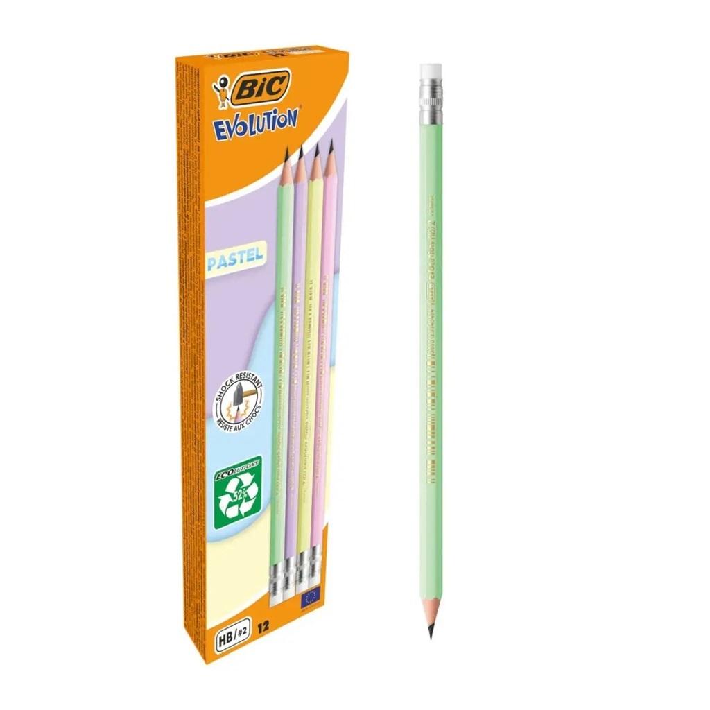 Set 12 creioane - Grafit Evolution Pastel cu radiera | Bic