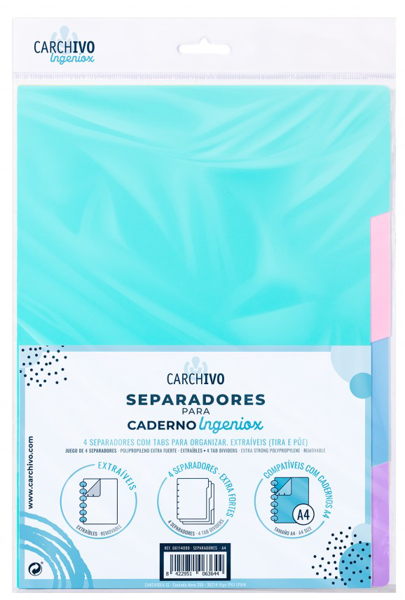 Set 4 separatoare dosar - Ingeniox A4, polipropilena - Neon | Carchivo - 1 | YEO