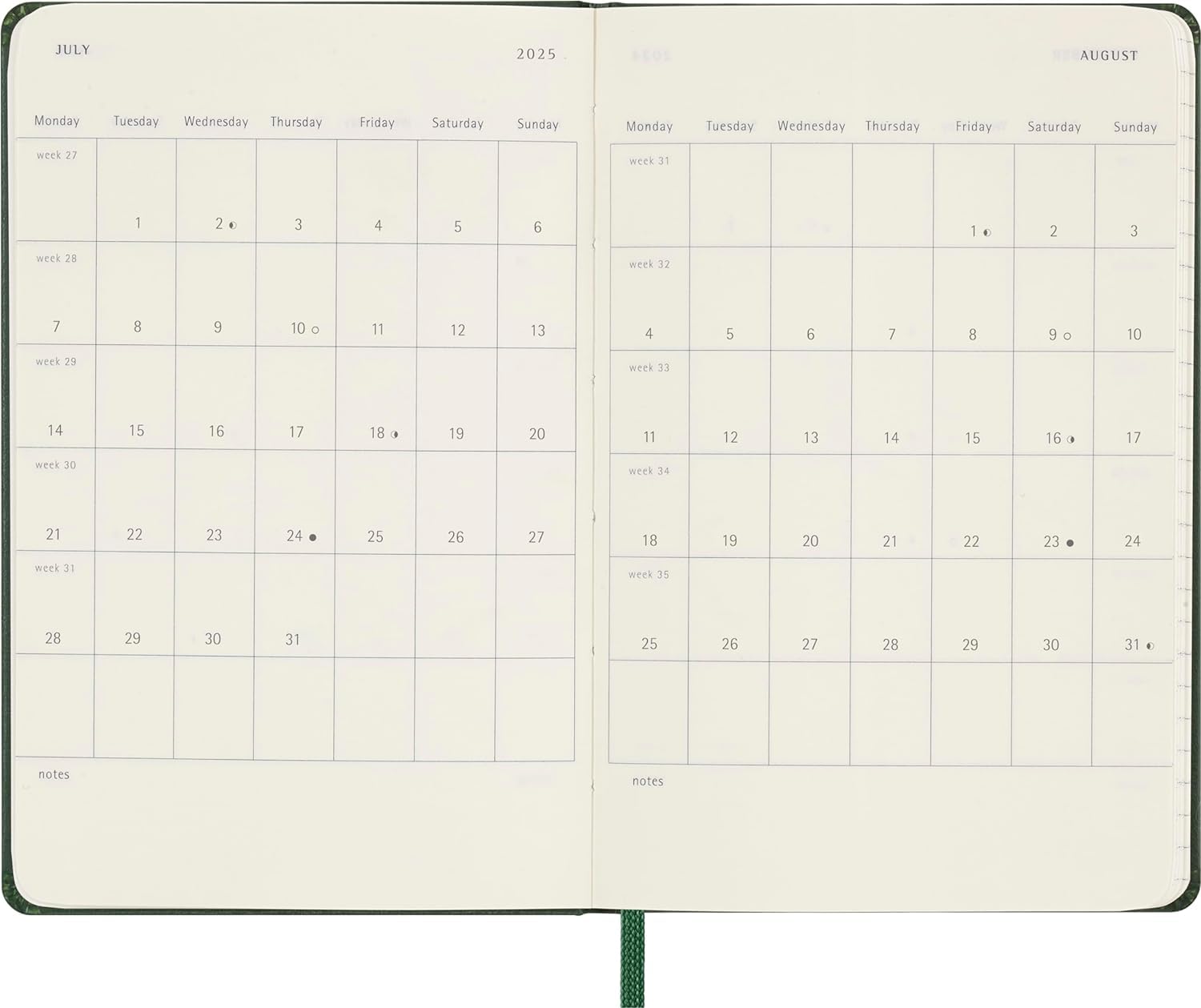 Agenda 2025 - Moleskine Classic 12 Month - Weekly Notebook Planner - Hard Cover - Pocket, Green | Moleskine - 4 | YEO