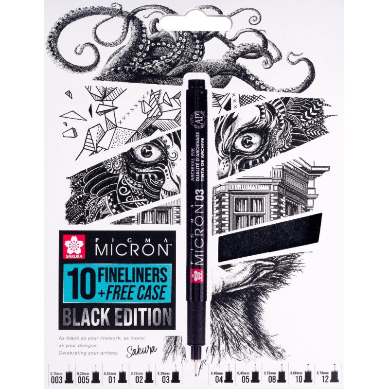 Set 10 fineliners + Penar cadou - Micron - Negru | Sakura - 1 | YEO