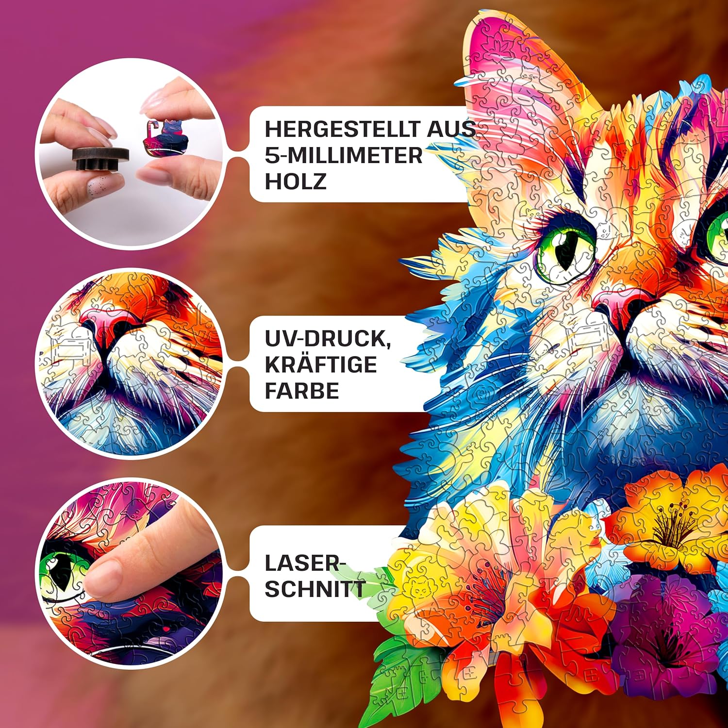 Puzzle din lemn, 200 piese - Cat | Escape Welt - 1