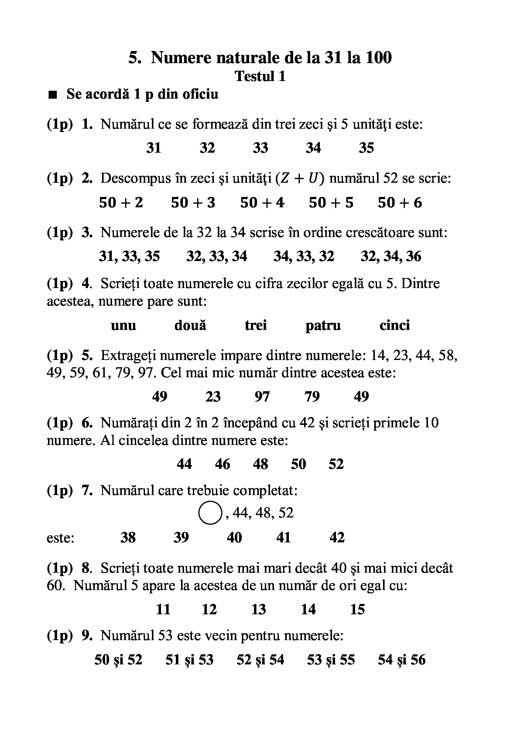 Teste grila de autoevaluare la matematica pentru clasa I | Gheorghe Adalbert Schneider