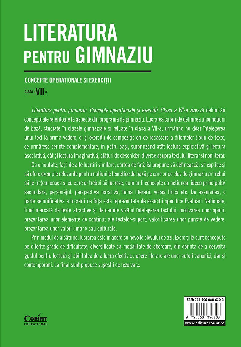 Literatura pentru gimnaziu. Concepte operationale si exercitii. Clasa a VII-a | Irina-Roxana Georgescu, Delia-Monica Georgescu, Raluca-Diana Raducanu, Adriana Dudas-Vasile, Adriana Chioaru, Amalia Gabriela Serbu