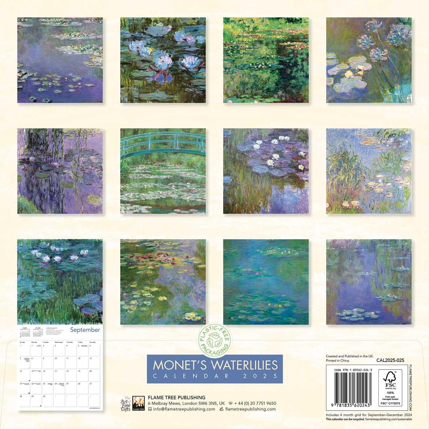 Calendar 2025 - Claude Monet - Monet\'s Waterlilies | Flame Tree Calendars