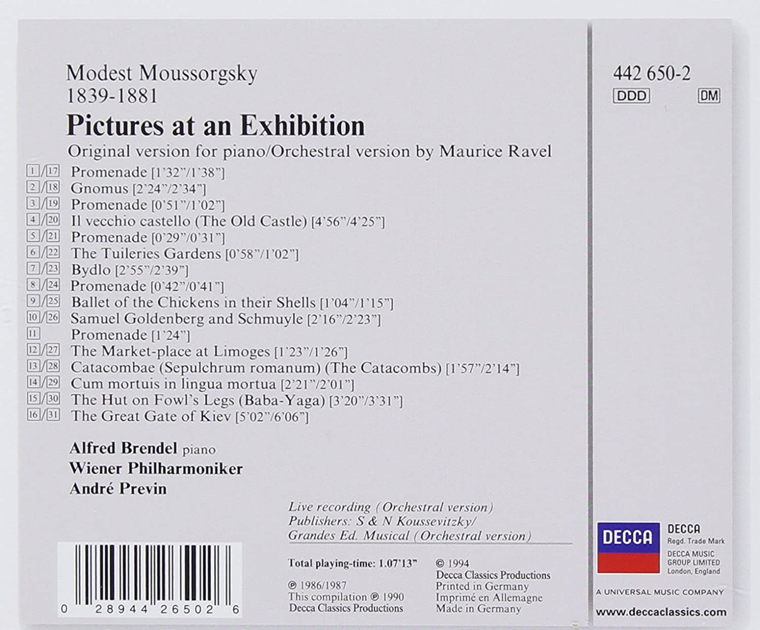 Moussorgsky: Pictures At An Exhibition | Alfred Brendel, Wiener Philharmoniker, Andre Previn