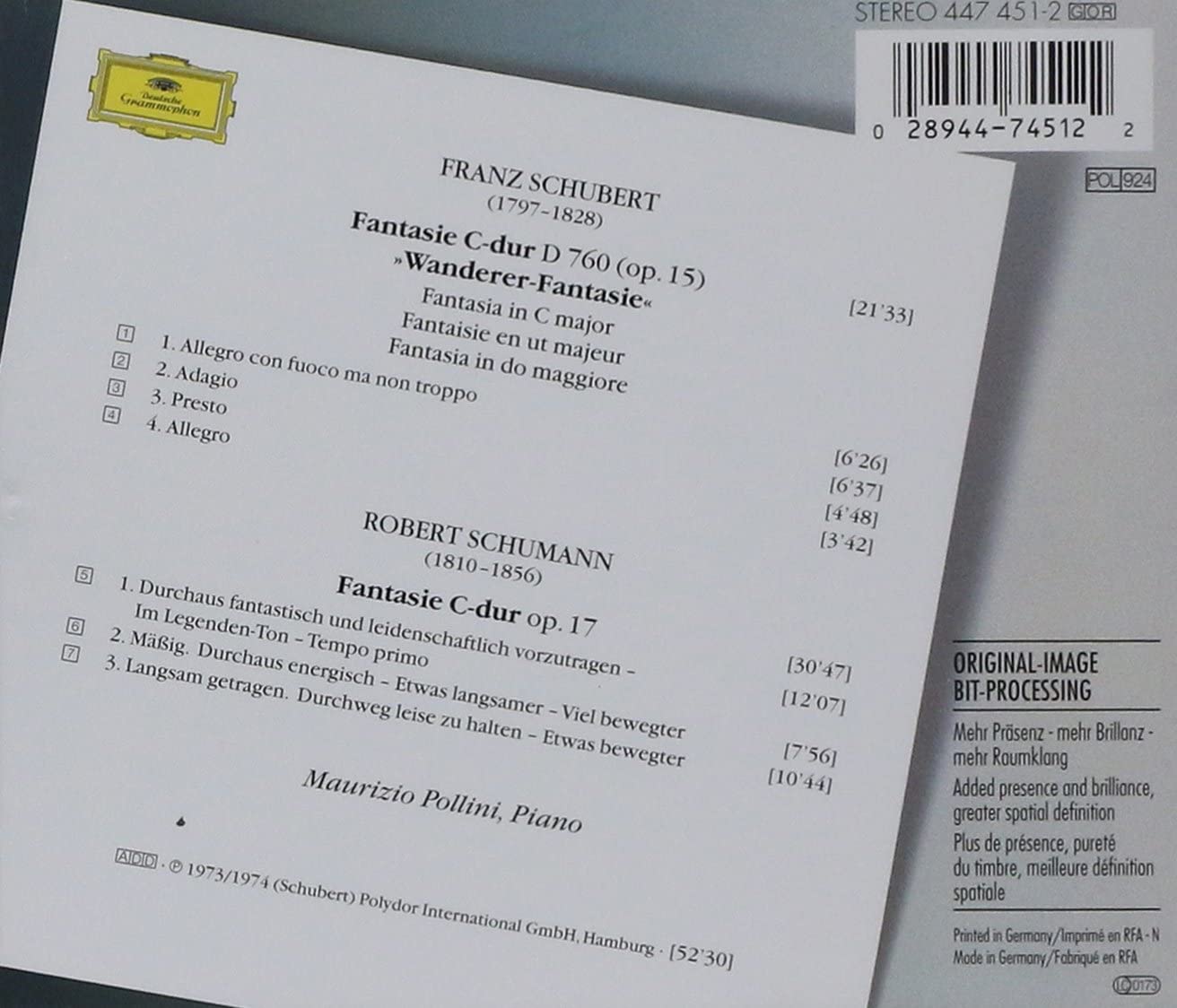 Frank Schubert: Wanderer-Fantasie / Robert Schumann: Fantasie op. 17 | Maurizio Pollini
