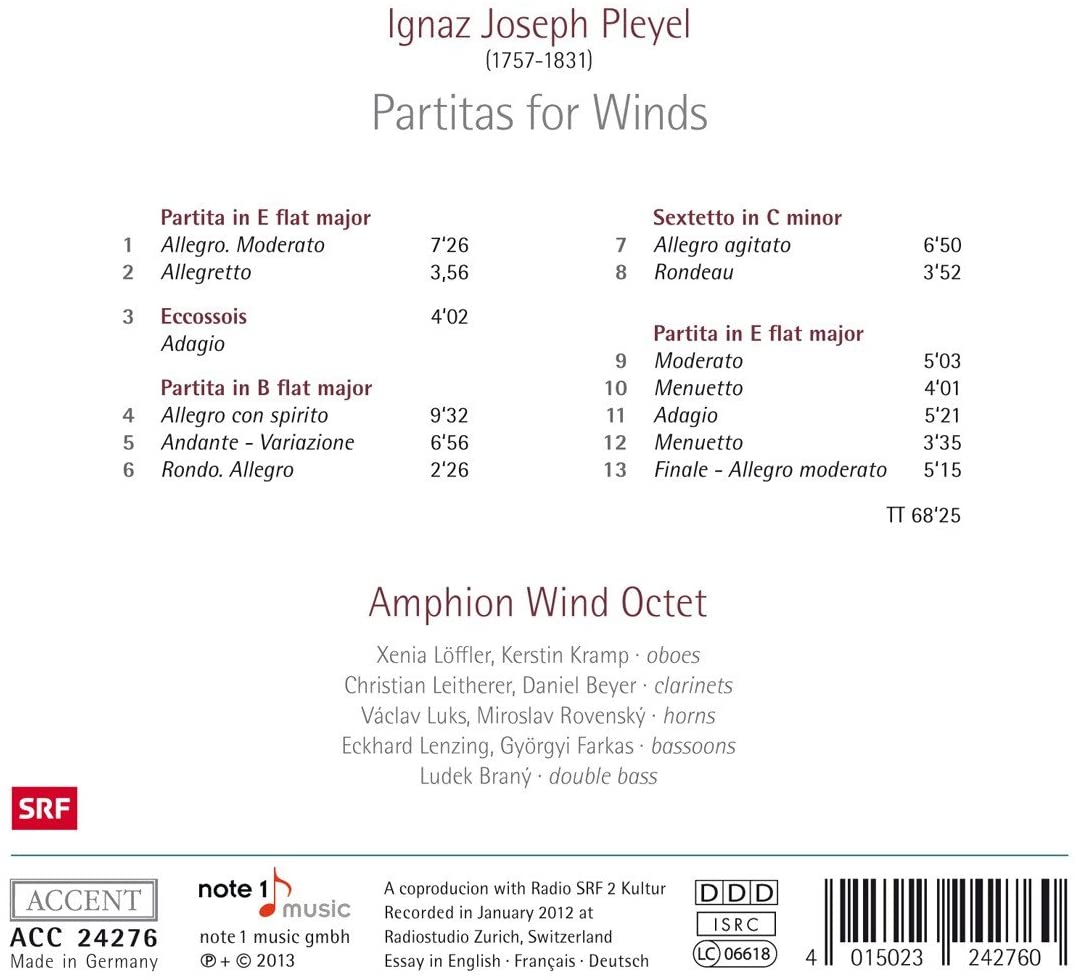 Ignaz Joseph Pleyel - Partitas for Winds | Amphion Wind Octet