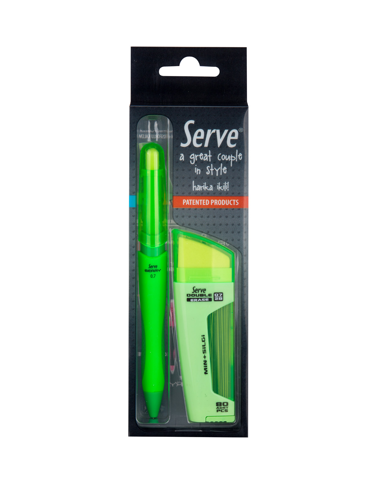 Set creion mecanic - Berry Double Erase 2 Pcs: Radiera si rezerve, 0.7mm verde | Serve
