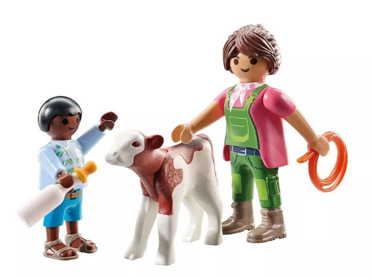 Set 2 figurine - Femeie fermier cu copil si vitel | Playmobil