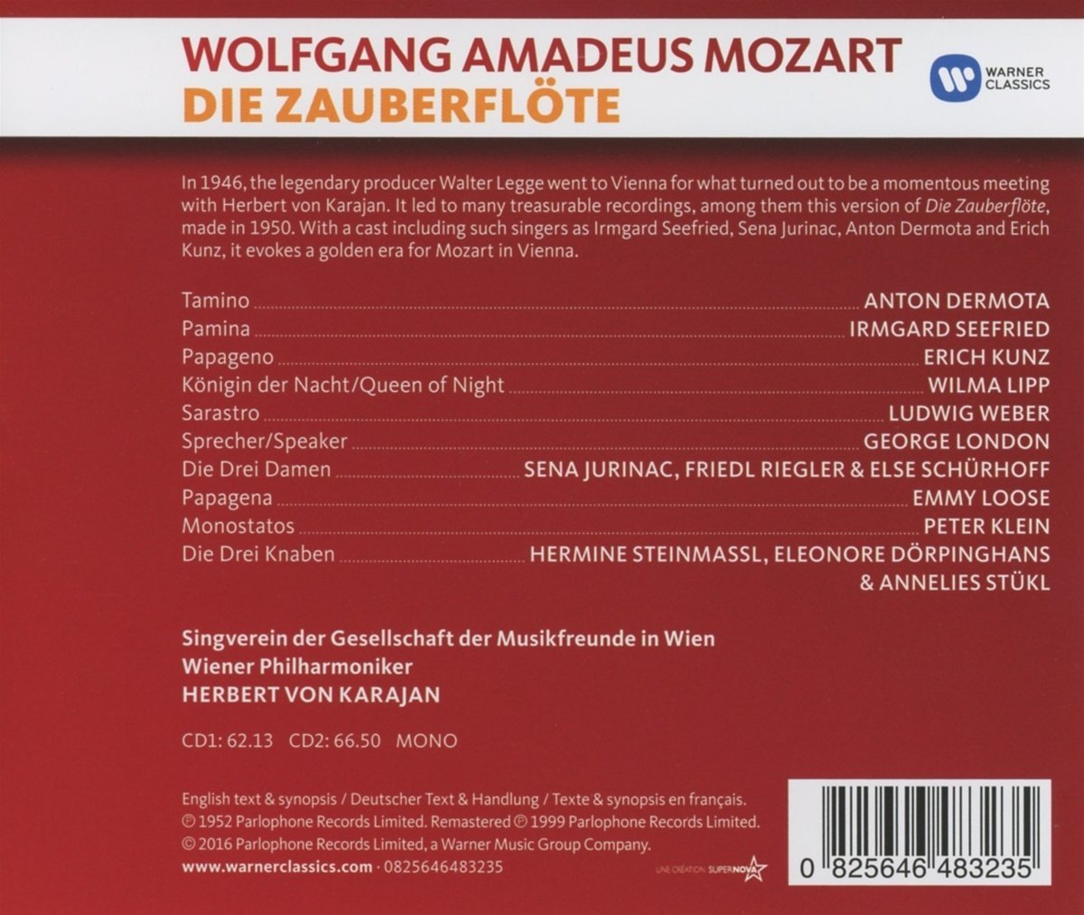 Mozart: Die Zauberflote | Wolfgang Amadeus Mozart, Anton Dermota, Irmgard Seefried, Erich Kunz, Ludwig Weber, George London, Herbert von Karajan, Wiener Singverein, Wiener Philharmoniker - 1 | YEO