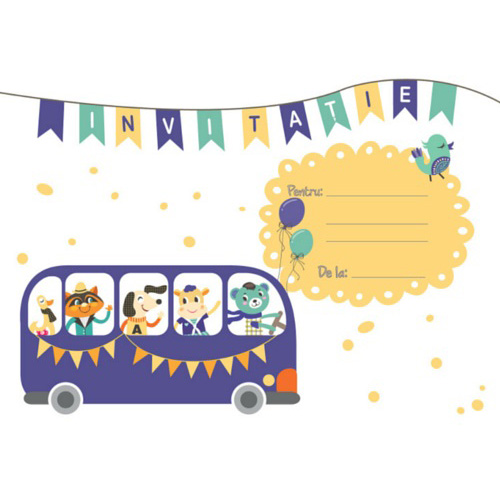 Set 10 Invitatii Petrecere Pentru Copii - Bus Party | Mink