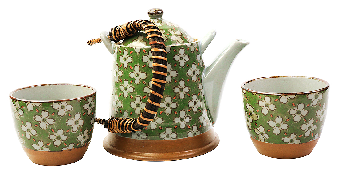 Set ceainic si cesti - Green and White Flowers