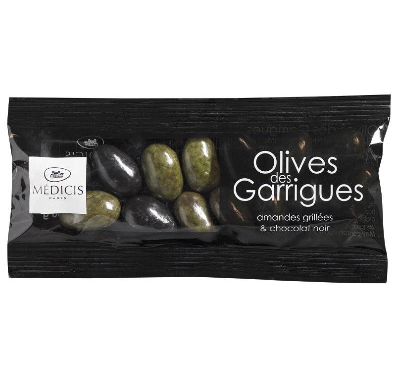 Migdale prajite in ciocolata neagra - Olives des Garrigues, 50g | Medicis