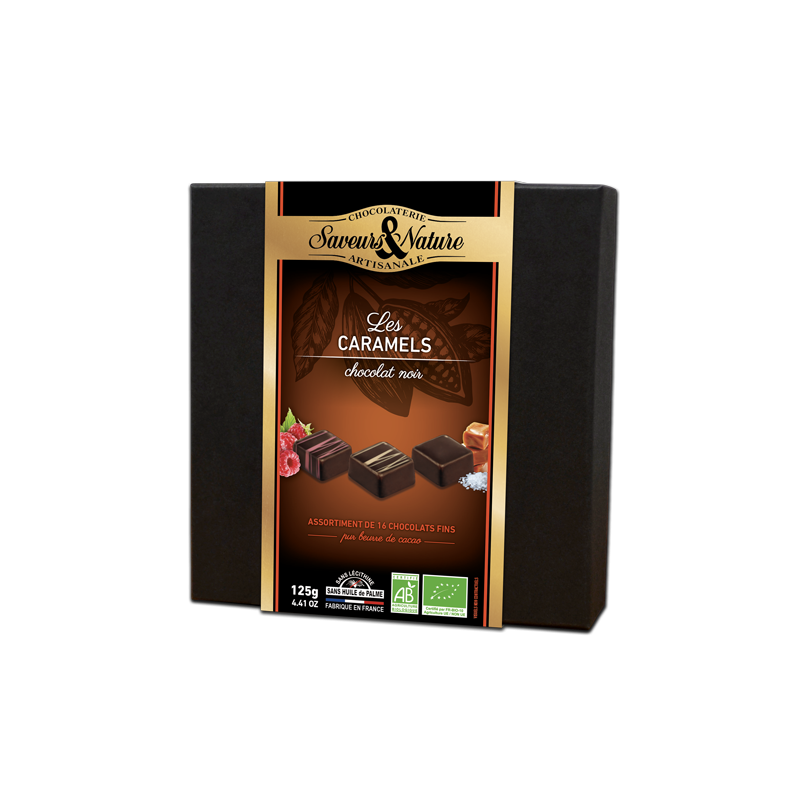 Praline - Les Caramels-Coffret de 16 chocolats noirs fourres aux caramels (vanille, framboise, fleur de sel) | Saveurs et Nature
