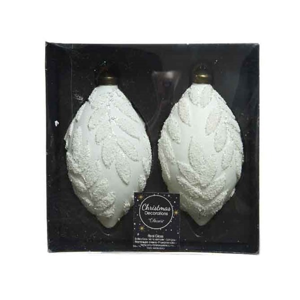 Set 2 globuri decorative - Olive Glitter Leaf Relief - White | Kaemingk - 1 | YEO