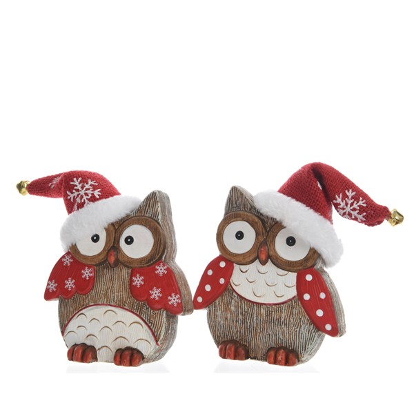 Figurina decorativa - Owl with Santa Hat - Brown and Red - mai multe modele | Kaemingk