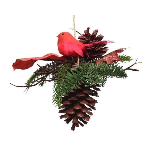 Ornament - Deco Pineconehanger with Bird - Green and Red | Kaemingk