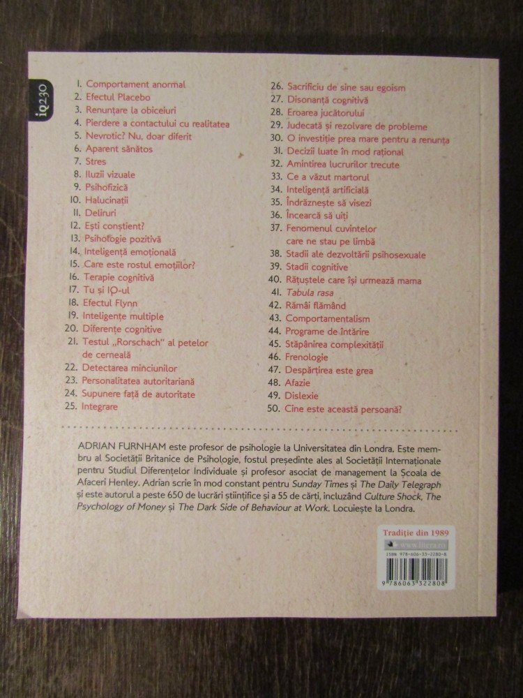 50 de idei pe care trebuie sa le cunosti. Psihologie | Adrian Furnham - 1 | YEO