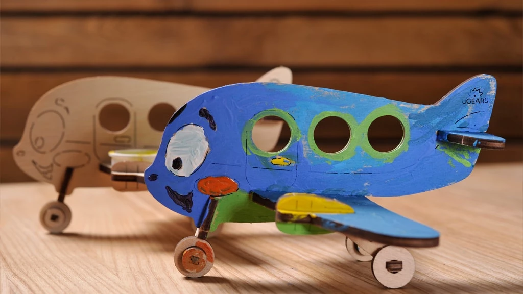 Puzzle 3D de colorat - Model colorat Biplan - Airplane | Ugears - 2