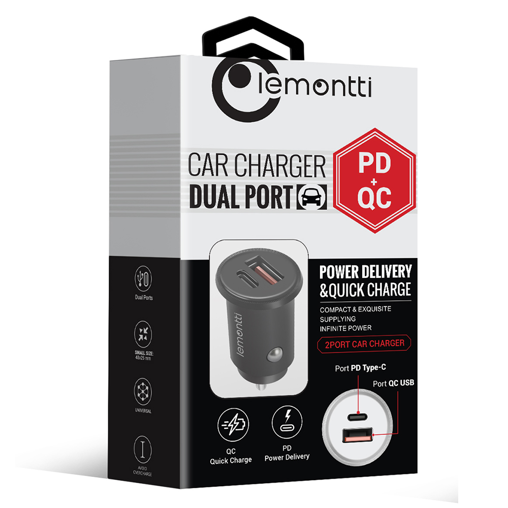 Lemontti Incarcator Auto PD USB + Quick Charge Type-C 30W Black (output USB + Type-C 5A max, QC3.0) | Lemontti