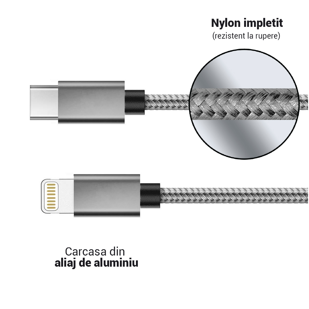 Lemontti Cablu Type-C la Lightning MFI Gri 1.5m (PD Quick Charge, impletitura nylon) | Lemontti - 3 | YEO