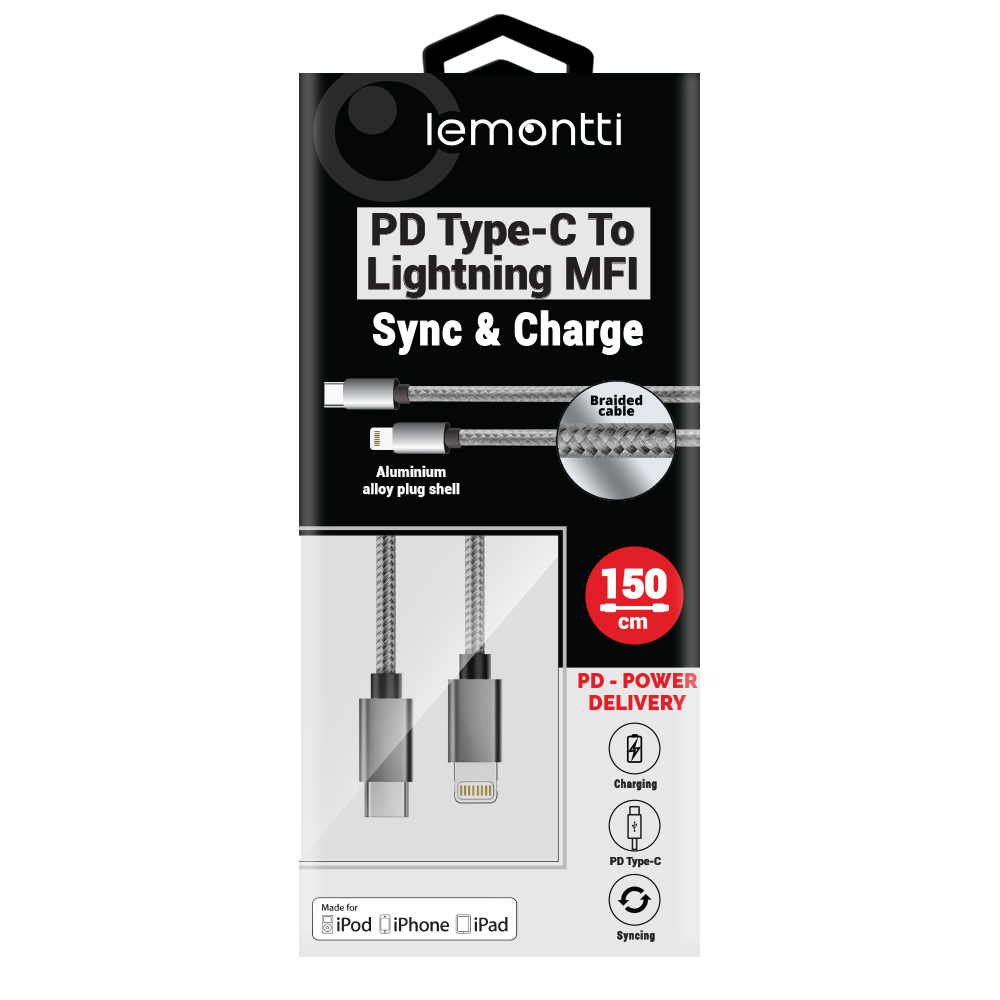 Lemontti Cablu Type-C la Lightning MFI Gri 1.5m (PD Quick Charge, impletitura nylon) | Lemontti