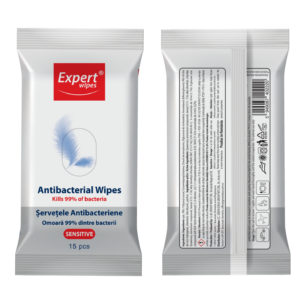 Servetele umede Antibacteriene sensitive - Expert Wipes, 15 buc | Expert Wipes