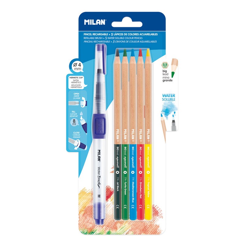 Set 5 Creioane Colorate Tip Acuarela + Pensula Cu Rezervor - Milan | Milan