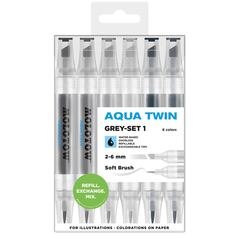 Set 6 markere - Aqua Twin, 1mm/2-6mm - Grey - model 1 | Molotow