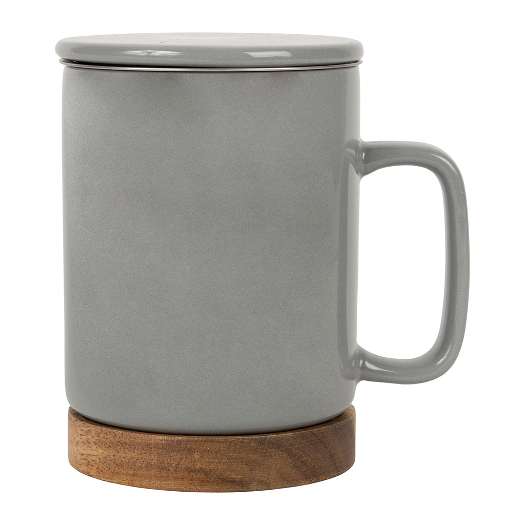 Cana cu sita si capac - Nordika Grey 375ml, stoneware+acacia wood