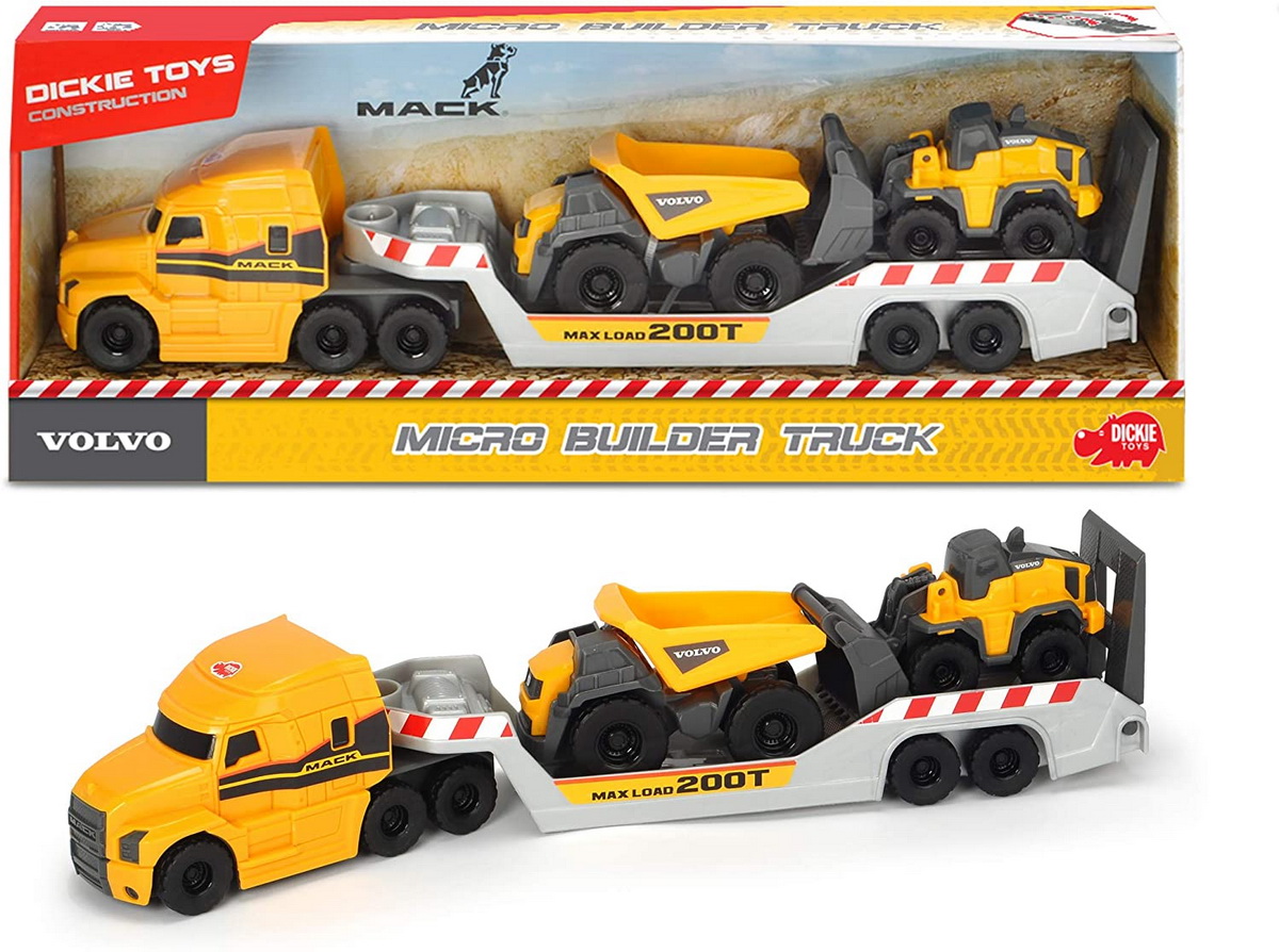 Set masinunte - Trailer Volvo Mack cu basculanta si buldozer / Micro Builder Truck | Dickie Toys