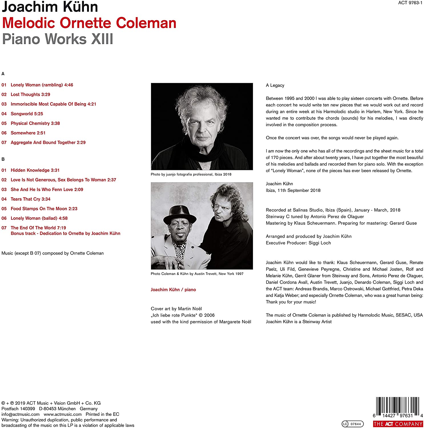 Melodic Ornette Coleman: Piano Works XIII - Vinyl | Joachim Kuhn