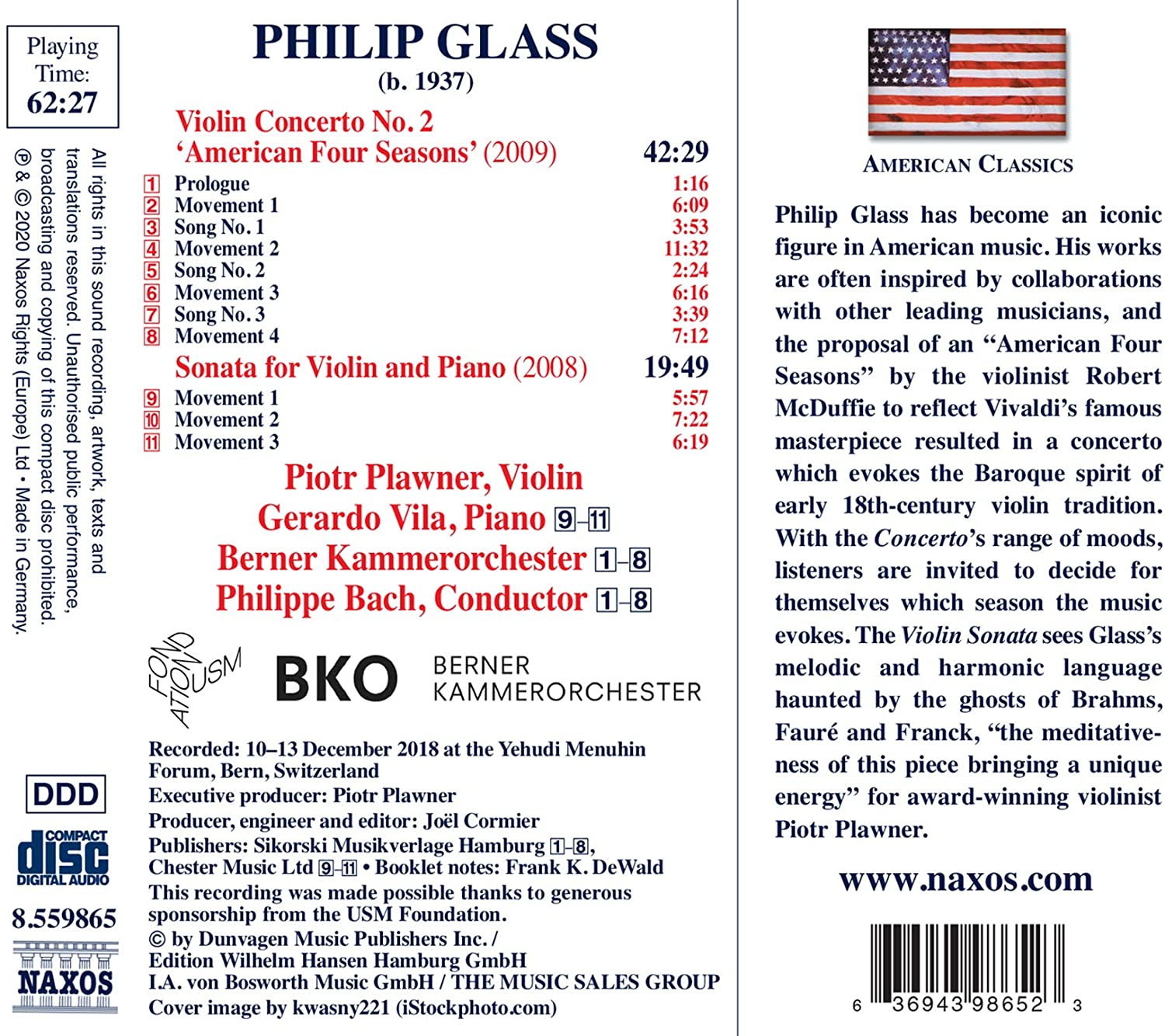 Philip Glass: Violin Concerto No.2 \'American Four Seasons\' / Sonata for Violin and Piano | Piotr Plawner, Gerardo Vila, Berner Kammerorchester, Philippe Bach